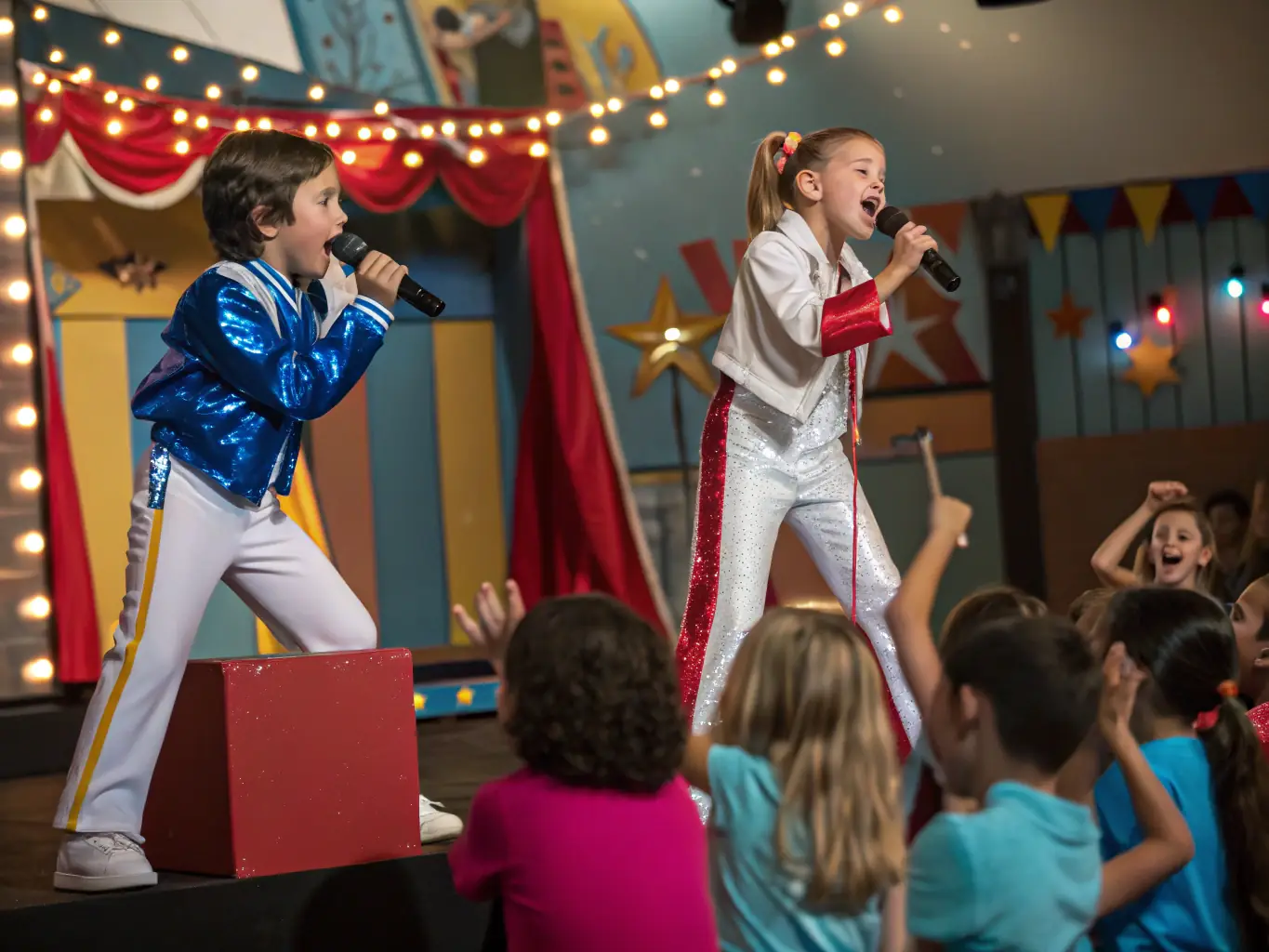 A vibrant image of a children's choir performing on stage, showcasing the joy and community spirit fostered by LE SON DU BOZ's youth music program.
