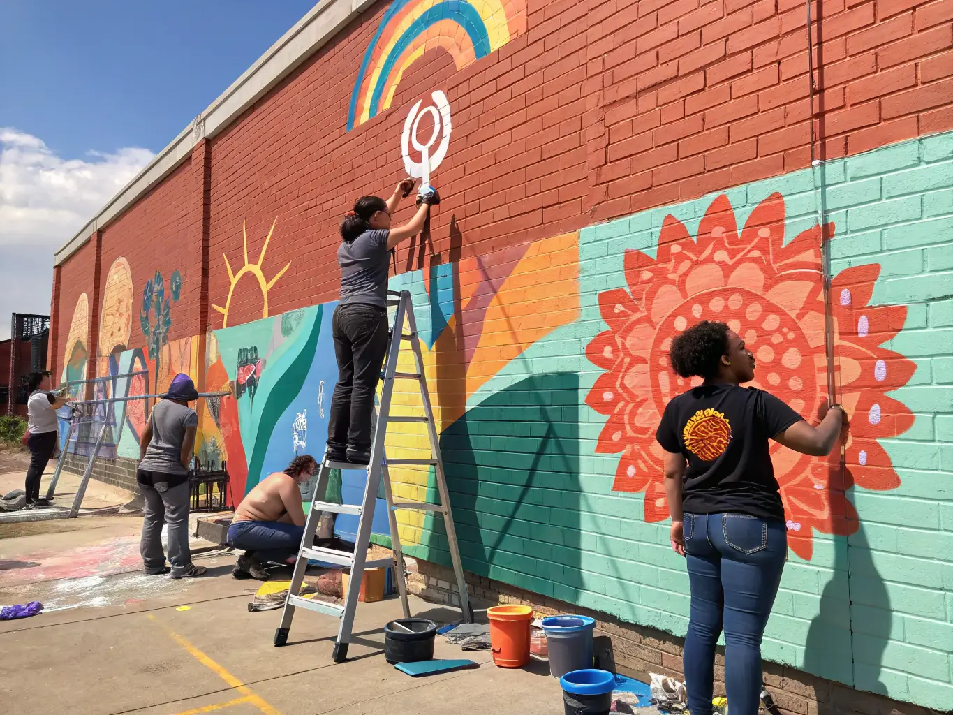 A heartwarming image of local artists collaborating on a community art project, emphasizing the collaborative and inclusive nature of LE SON DU BOZ's initiatives.