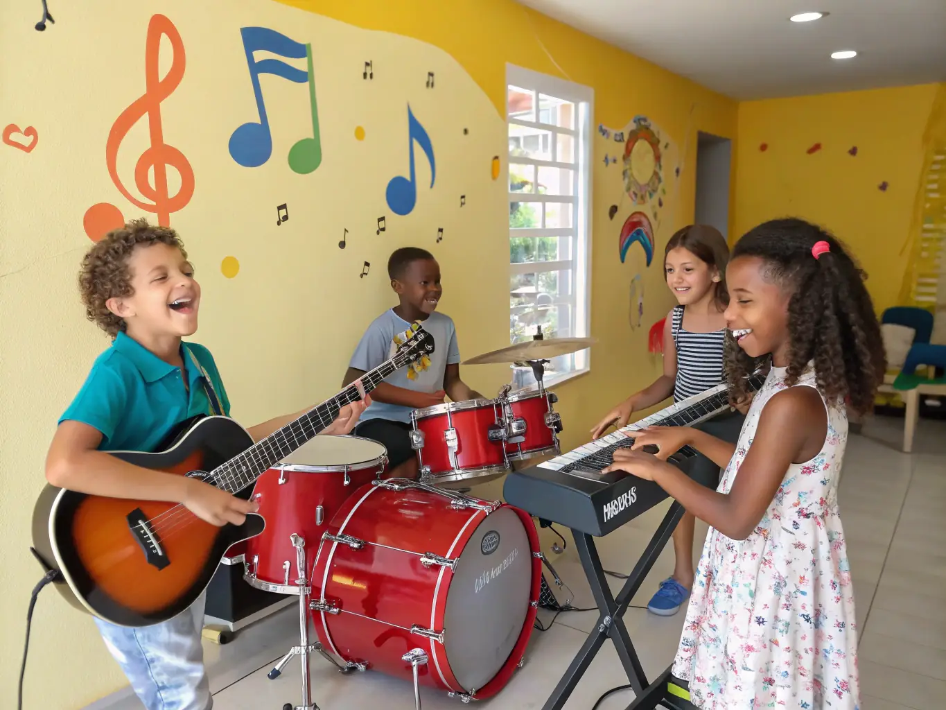 A vibrant photograph capturing a children's music workshop in progress, with instructors guiding young participants on various instruments, showcasing the educational aspect of LE SON DU BOZ's programs.