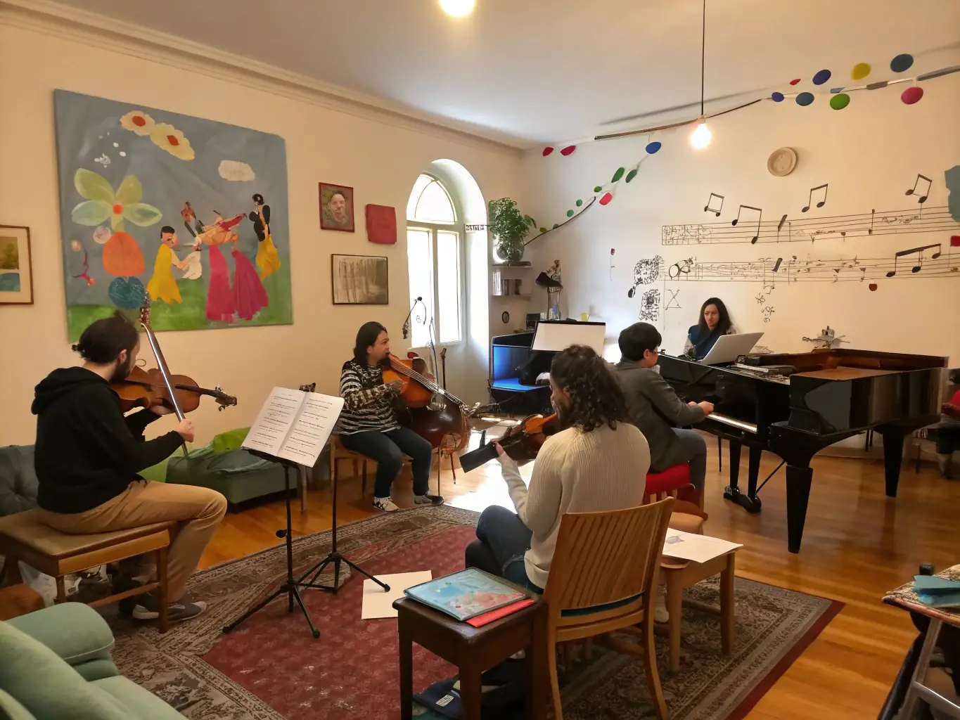 A photograph of a music workshop led by LE SON DU BOZ, showing participants actively engaged in learning and creating music.
