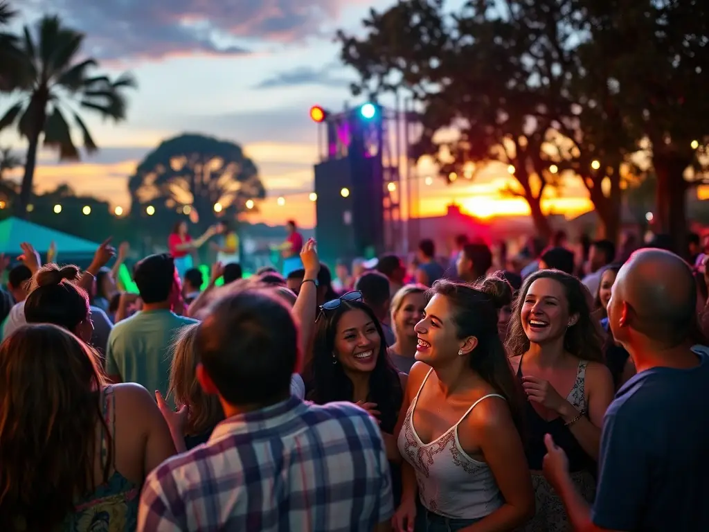 A dynamic image of a community concert organized by LE SON DU BOZ, showing people of all ages enjoying live music and celebrating local culture.